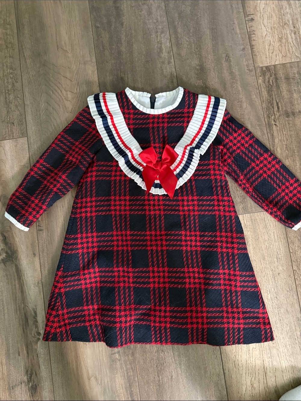 Girls' Red & Navy Plaid Dress with Ruffled Collar and Bow